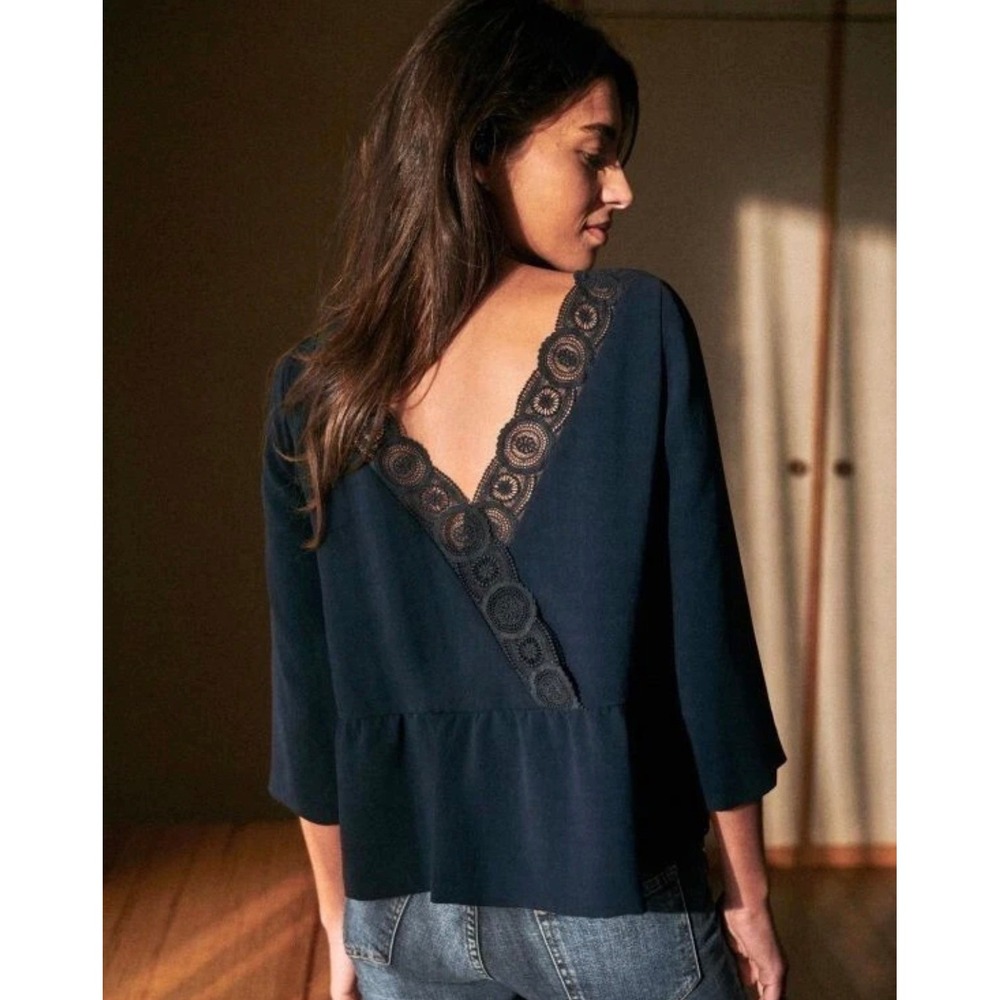 Sezane Louisie Blouse Size 36 US 4 Navy Lace Trim